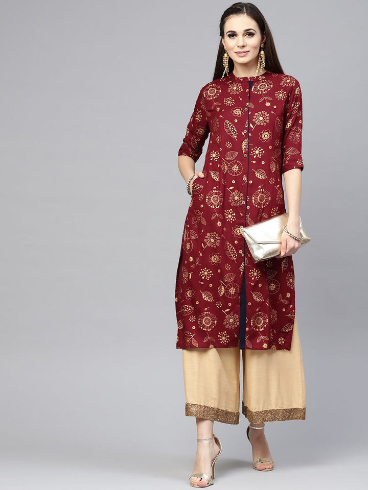 SOJANYA Women Maroon & Golden Printed Straight Kurta