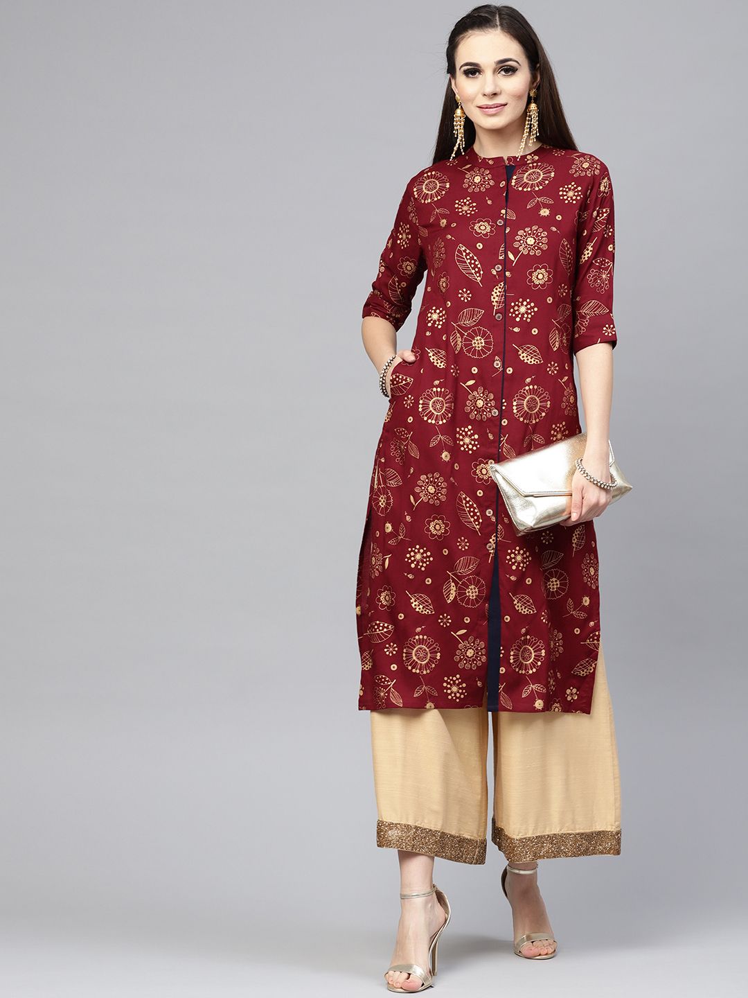SOJANYA Women Maroon & Golden Printed Straight Kurta