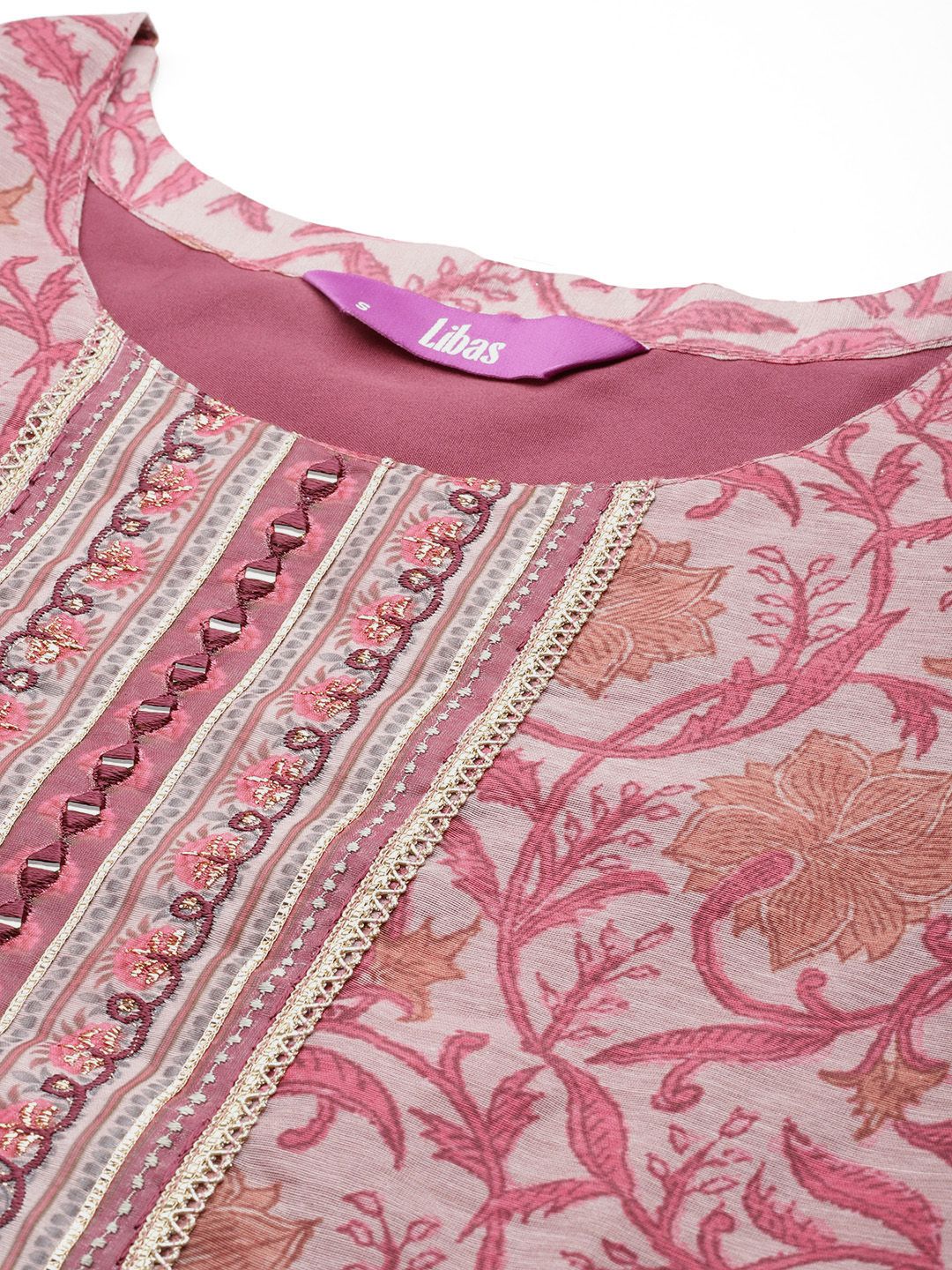 Libas Floral Yoke Design Regular Mirror Work Kurta With Trousers & With Dupatta