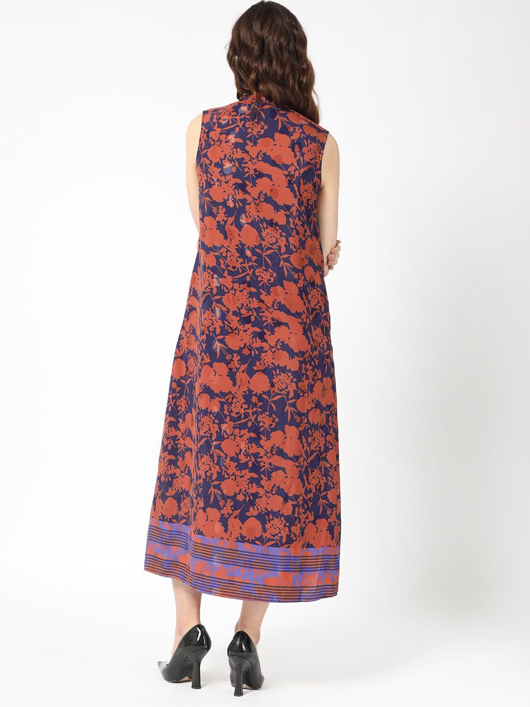 RAREISM Ellu Floral Printed Tie-Up Neck A-Line Midi Dress