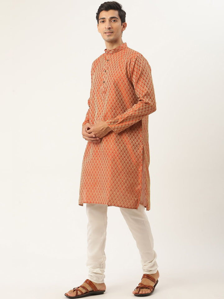 SOJANYA Men Orange Ethnic Motifs Jacquard Silk Kurta with Churidar & Nehru Jacket