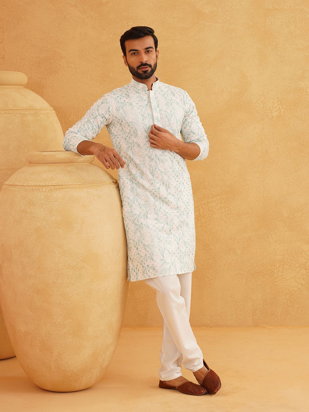 SOJANYA Geometric Embroidered Sequinned Mandarin Collar Pure Cotton Kurta With Churidar