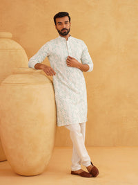 SOJANYA Geometric Embroidered Sequinned Mandarin Collar Pure Cotton Kurta With Churidar