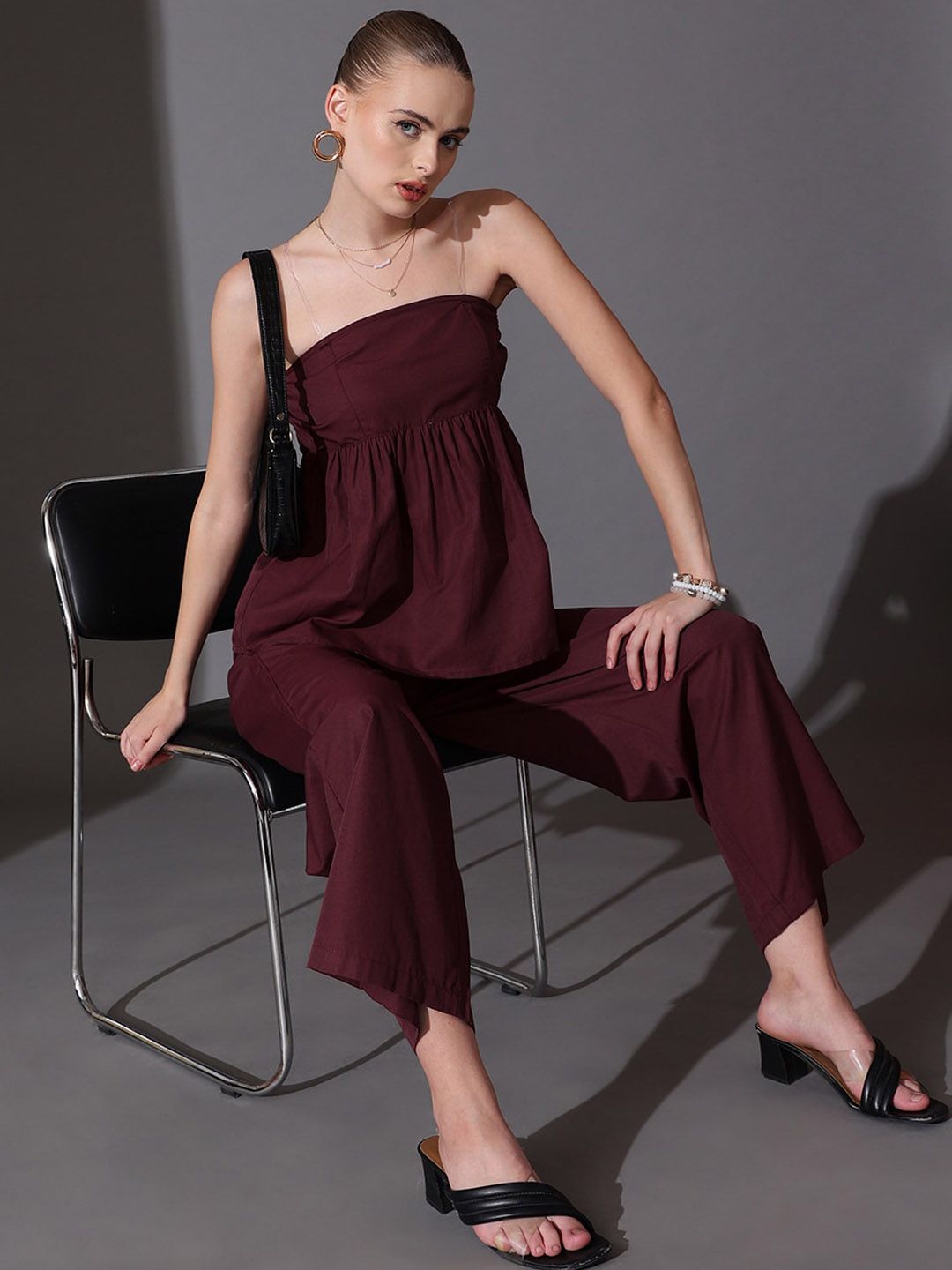 STREET 9 Solid Off Shoulder Pure Cotton Top & Palazzos Co-Ord Set
