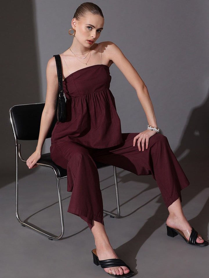 STREET 9 Solid Off Shoulder Pure Cotton Top & Palazzos Co-Ord Set