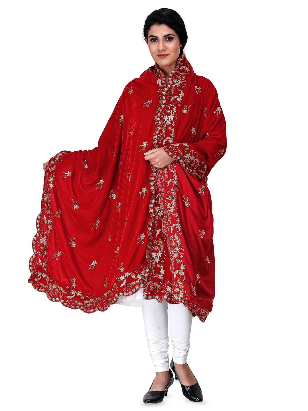 Exotic India Garnet Velvet Dupatta with Embroidered Flowers and Sequins
