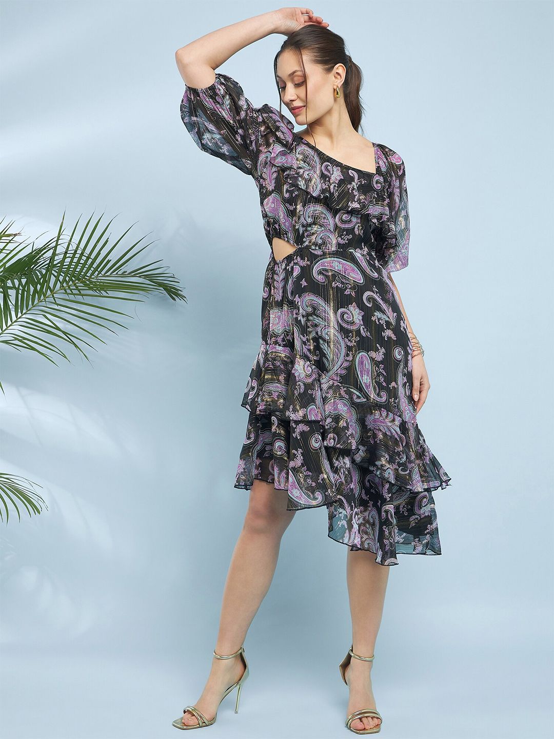 Antheaa Floral Printed Flared Sleeve Fit & Flare Dress