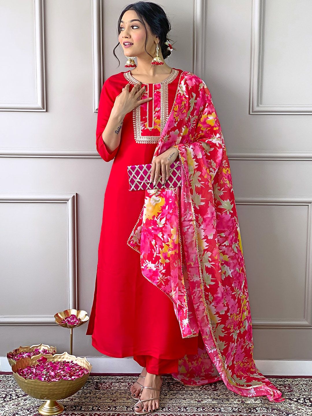 KALINI Ethnic Motifs Yoke Design Thread Work Straight Kurta with Trousers & Dupatta