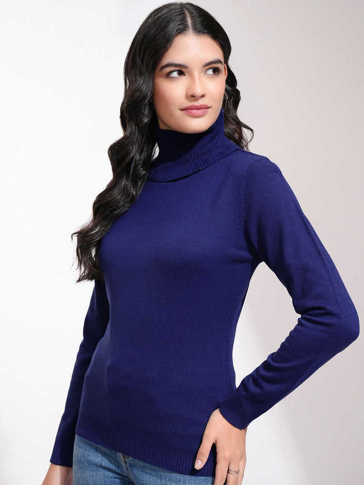 Tokyo Talkies Women Navy Blue Turtle Neck Acrylic Pullover Sweater