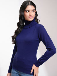 Tokyo Talkies Women Navy Blue Turtle Neck Acrylic Pullover Sweater