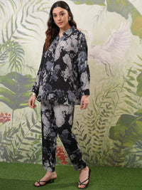 Vishudh Black & White Floral Printed Shirt Collar Top &Trouser Co-Ords