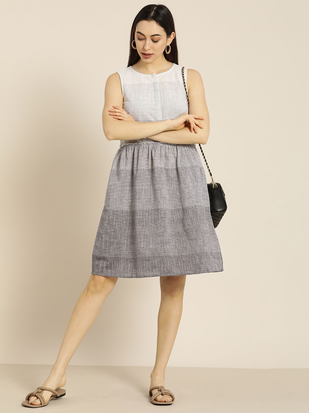 ether Kora Collection Women White & Grey Striped Handloom Sustainable A-line Dress