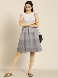 ether Kora Collection Women White & Grey Striped Handloom Sustainable A-line Dress