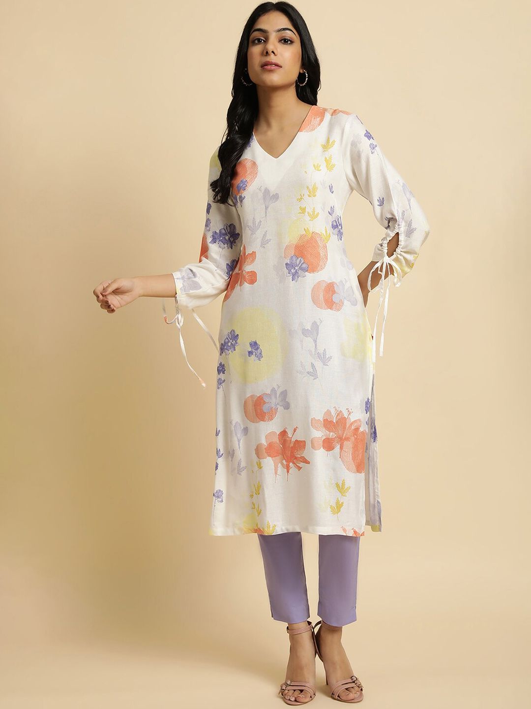 W Floral Printed V-Neck Regular Kurta with Trousers