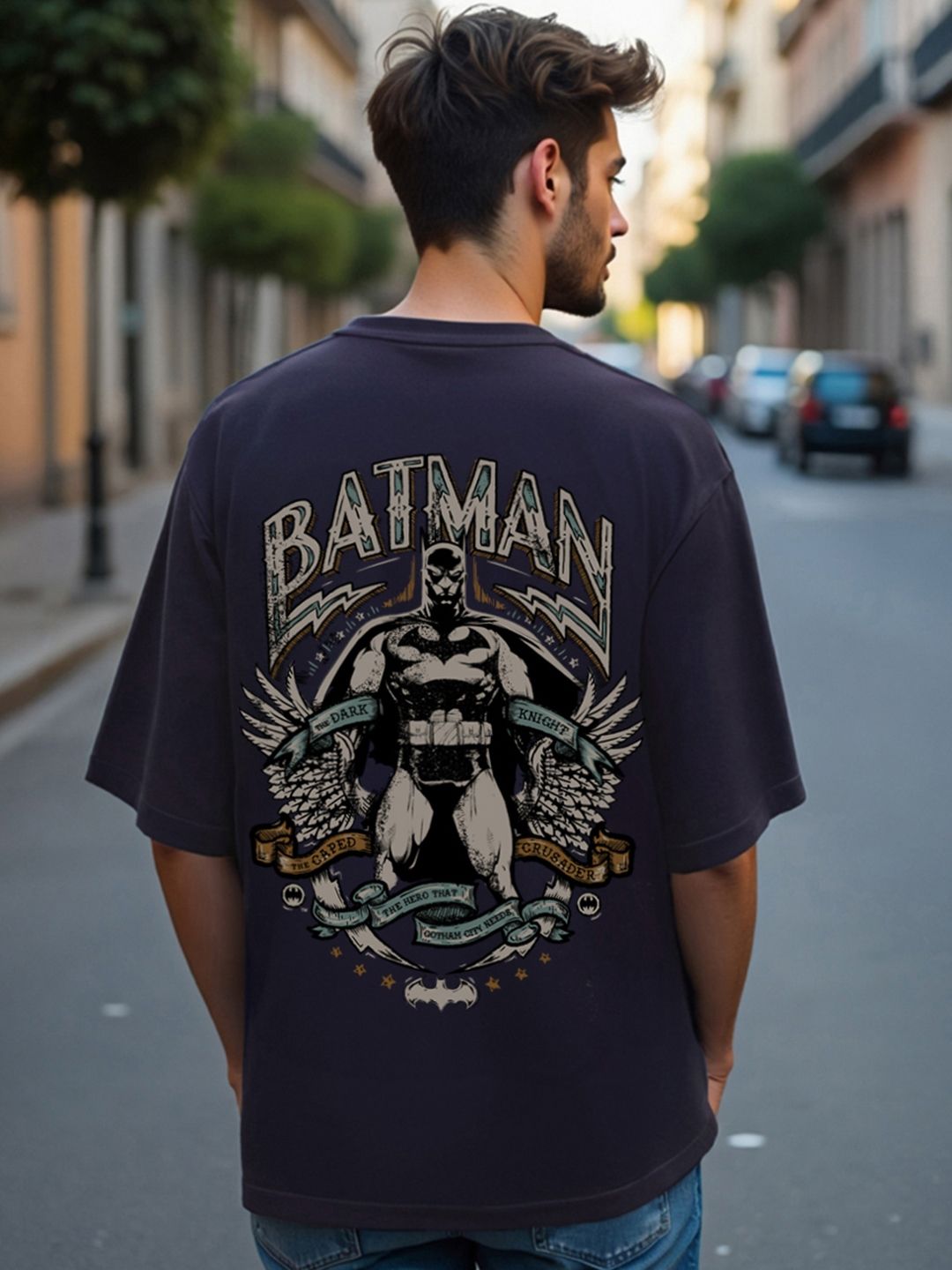 Bewakoof Navy Blue Batman Printed Drop Shoulder Sleeves Pure Cotton Oversized T-shirt