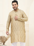 SOJANYA PLUS Men Beige & Golden Jacquard Silk Woven Design Straight Kurta