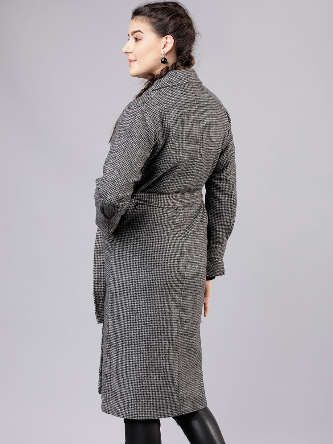 CHIC BY TOKYO TALKIES Women Grey Solid Houndstooth Trench Coat