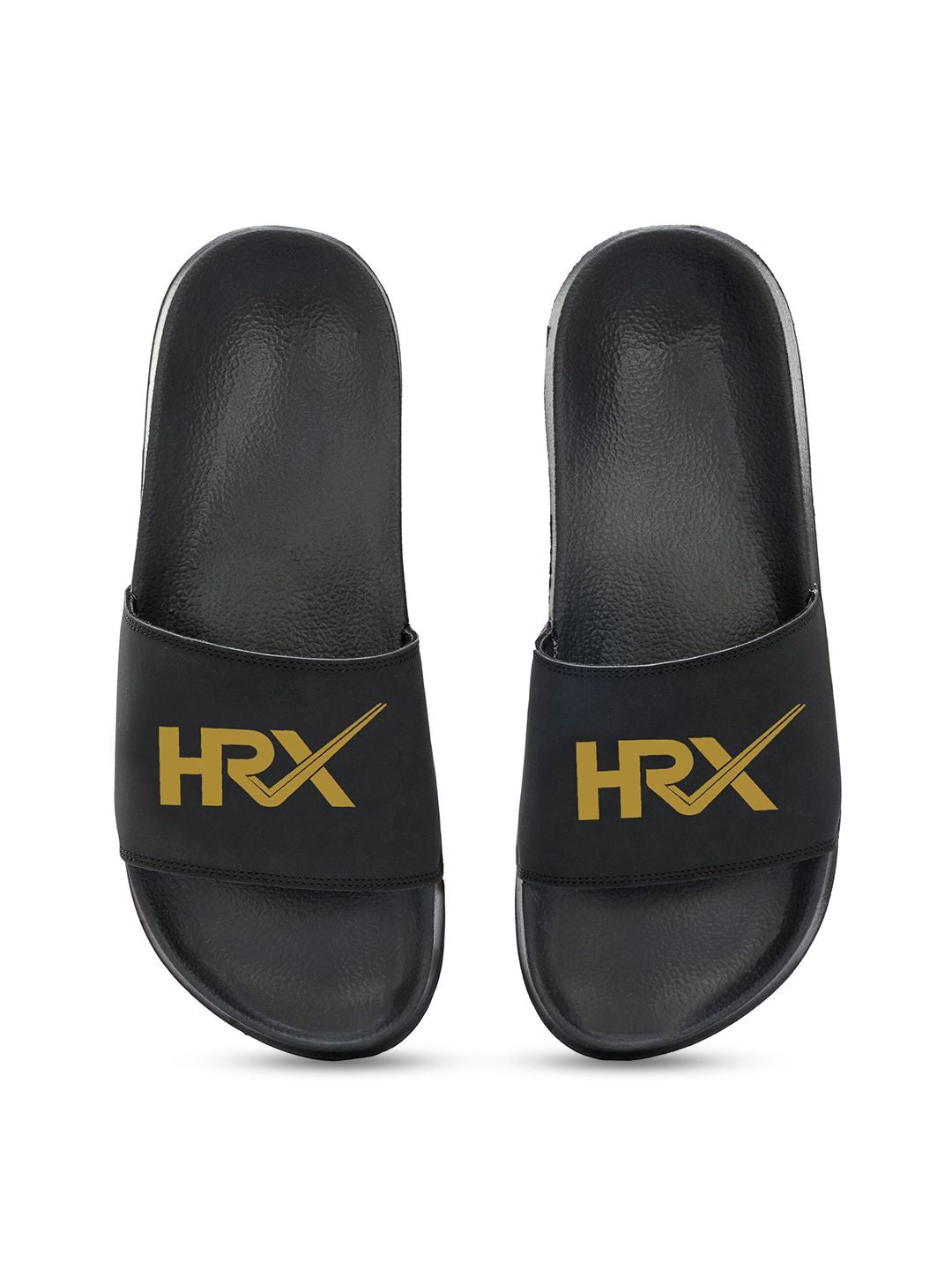 HRX by Hrithik Roshan Women Black & Gold-Toned Printed Sliders