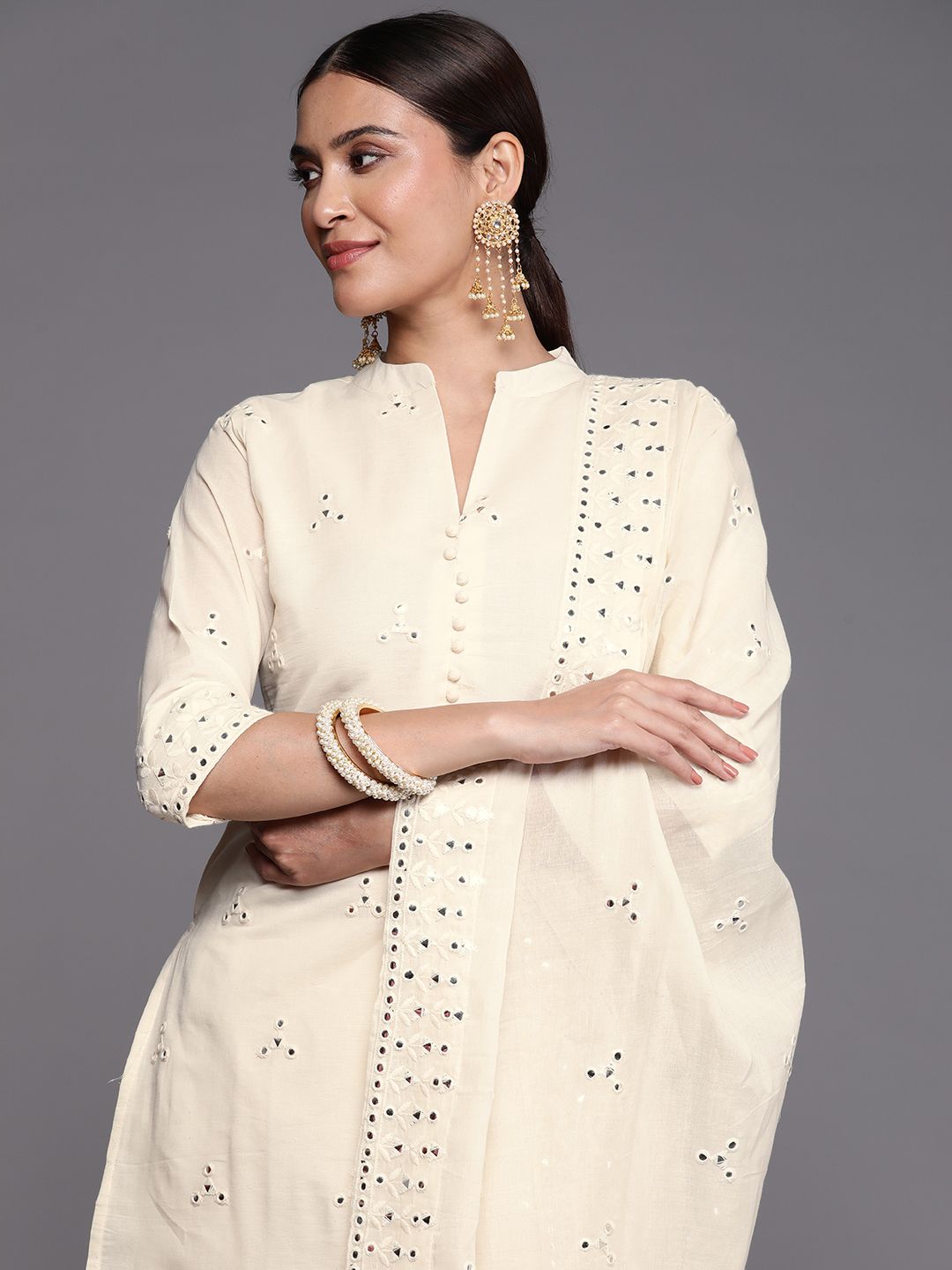 Libas Women Off White Embroidered Regular Mirror Work Pure Cotton Kurta with Trousers & With Dupatta