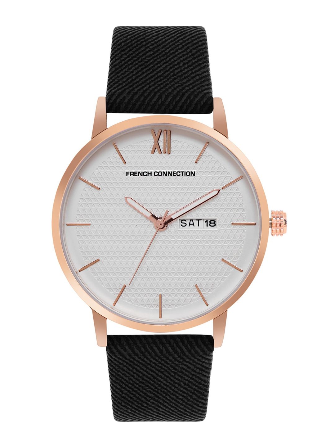 French Connection Men Rose Gold-Toned Dial & Black Leather Straps Analogue Watch