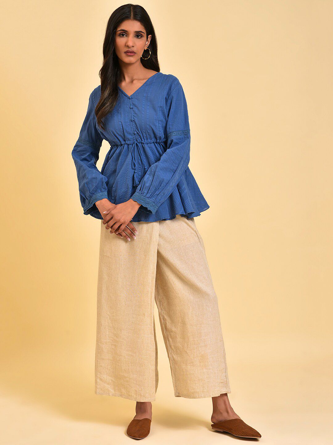 W Blue Self Design Pure Cotton Cinched Waist Top