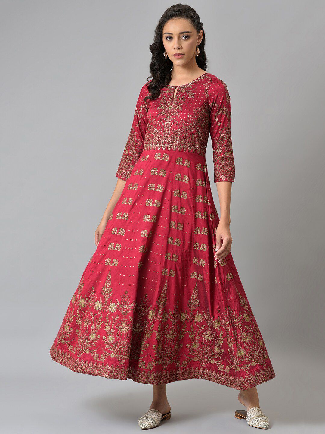 W Red Ethnic Motifs Keyhole Neck Chiffon Ethnic Maxi Dress
