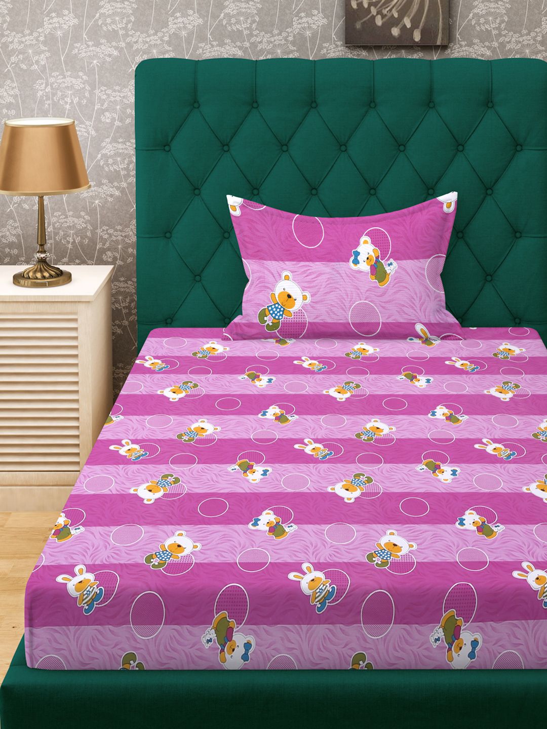 KLOTTHE Purple Conversational Pure Cotton 400 TC Fitted Single Superfine Bedsheet with a Pillow Cover-89 x 59 inches