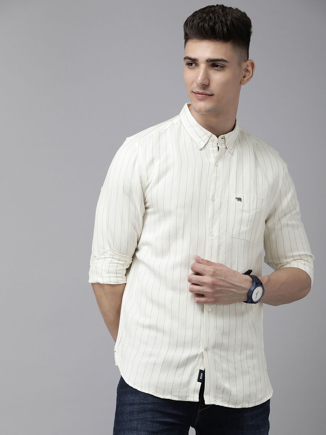 THE BEAR HOUSE Men White Slim Fit Opaque Striped Casual Shirt