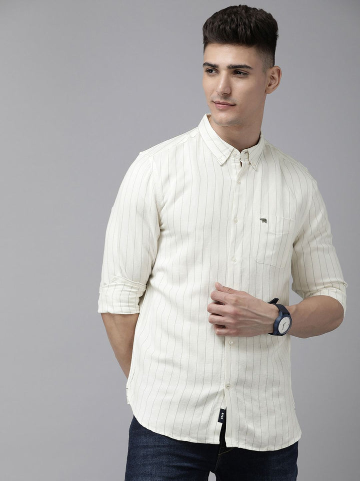 THE BEAR HOUSE Men White Slim Fit Opaque Striped Casual Shirt