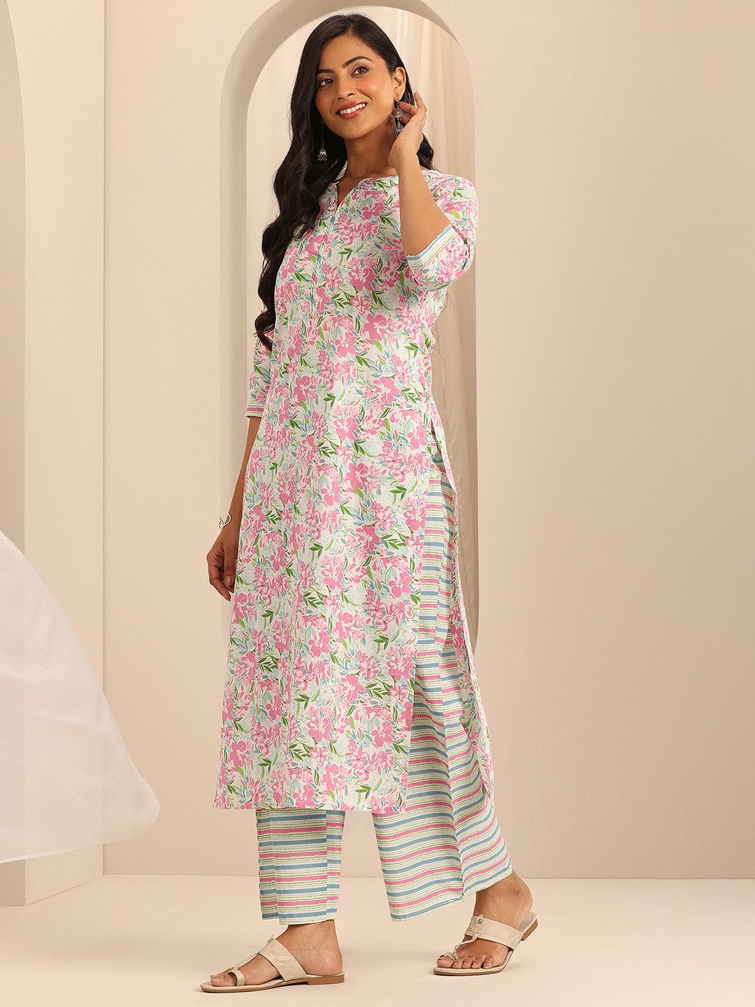 Libas Off white Floral Printed Pure Cotton Straight Kurta With Palazzos & Dupatta