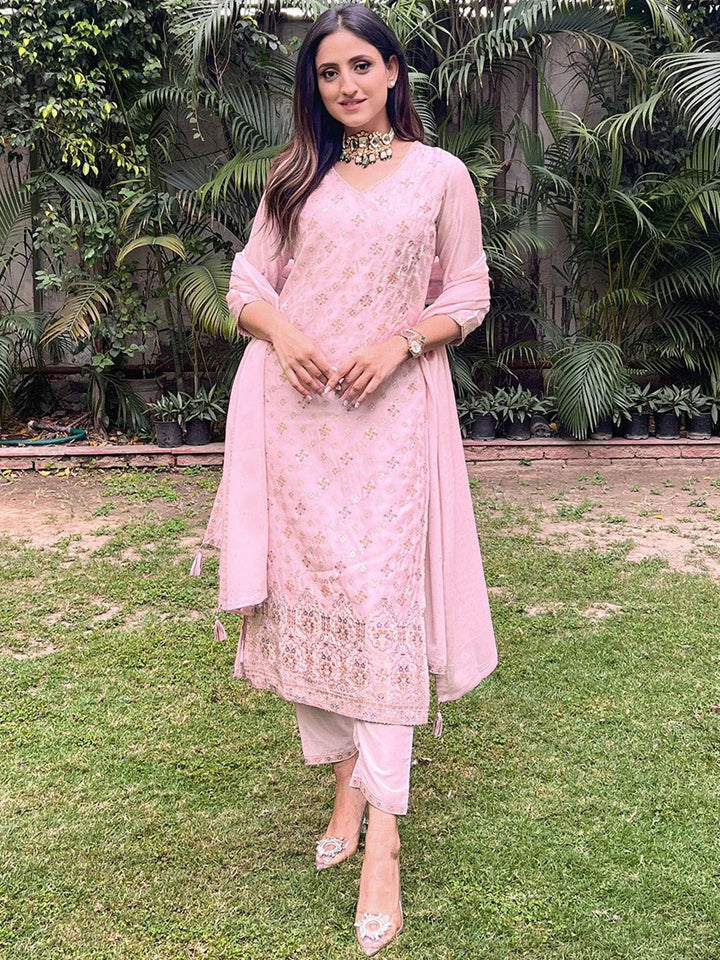 Libas Women Pink & Gold Zari Woven Design Straight Kurta with Trousers Dupatta