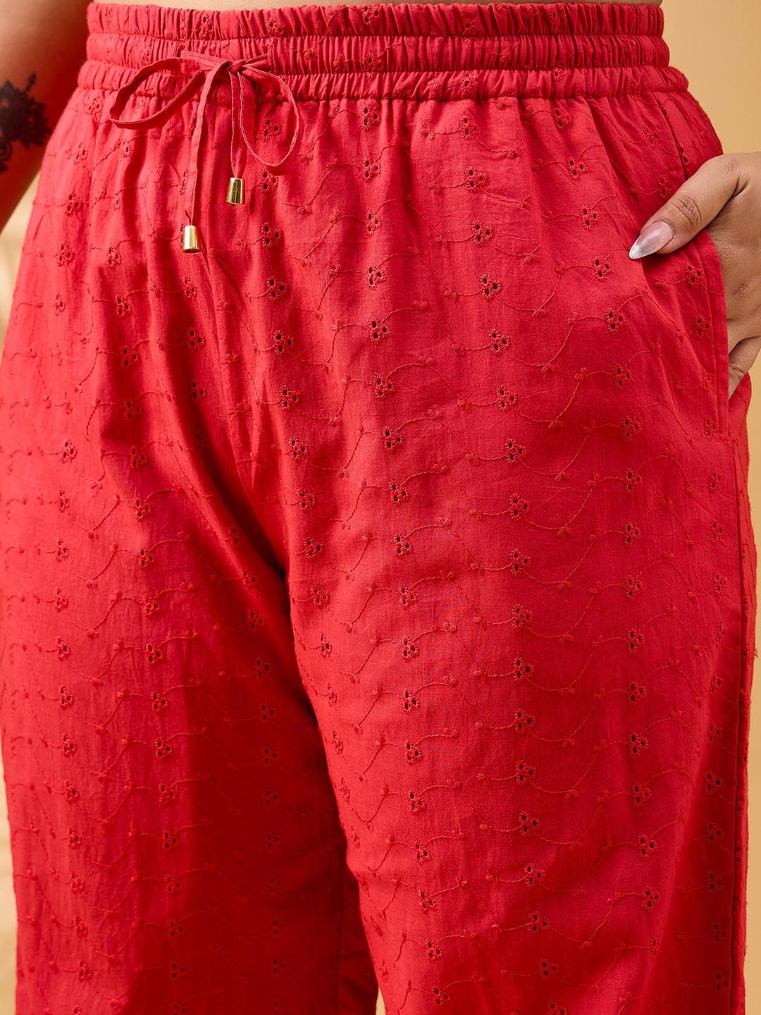 SASSAFRAS Curve Plus Size Red Schiffli Embroidered Pure Cotton Shirt & Trouser Co-ords