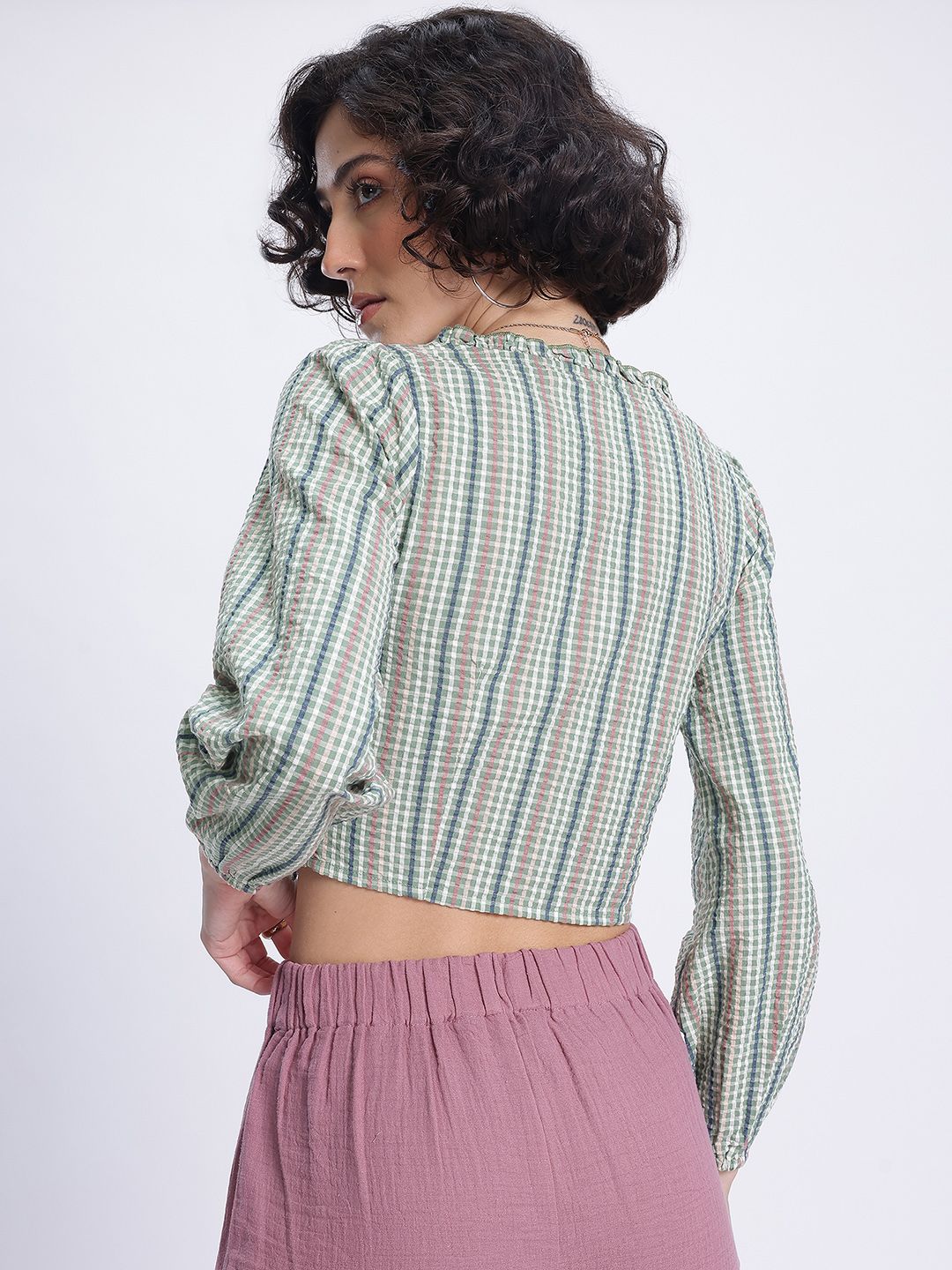 DressBerry Sheer Seersucker Frill Detail Shirt-Style Top