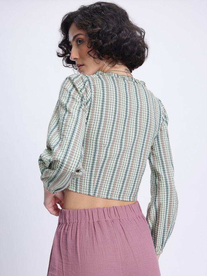 DressBerry Sheer Seersucker Frill Detail Shirt-Style Top