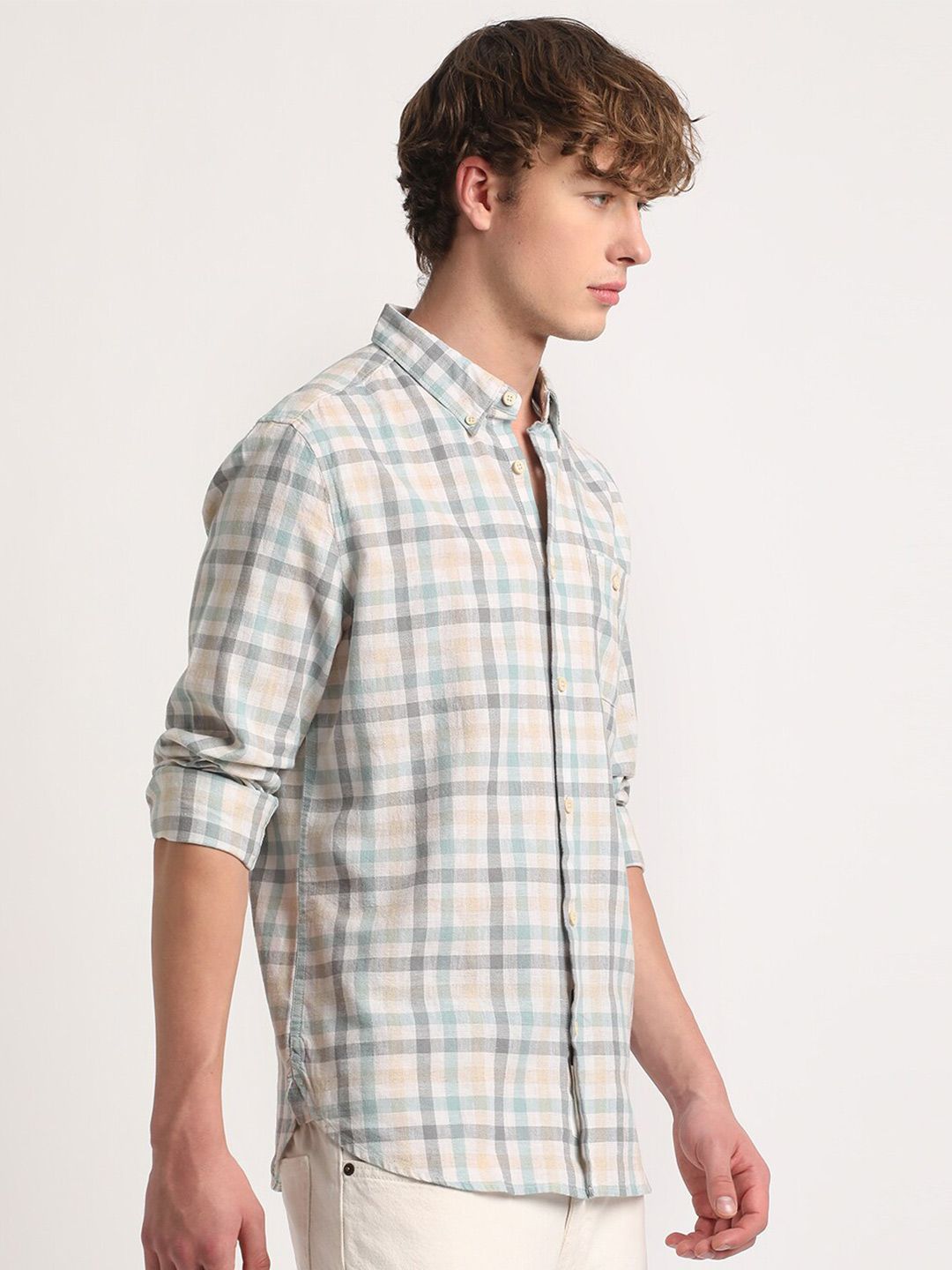 THE BEAR HOUSE Tartan Checks Slim Fit Cotton Linen Casual Shirt