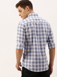 The Indian Garage Co Men White & Blue Slim Fit Checked Casual Shirt
