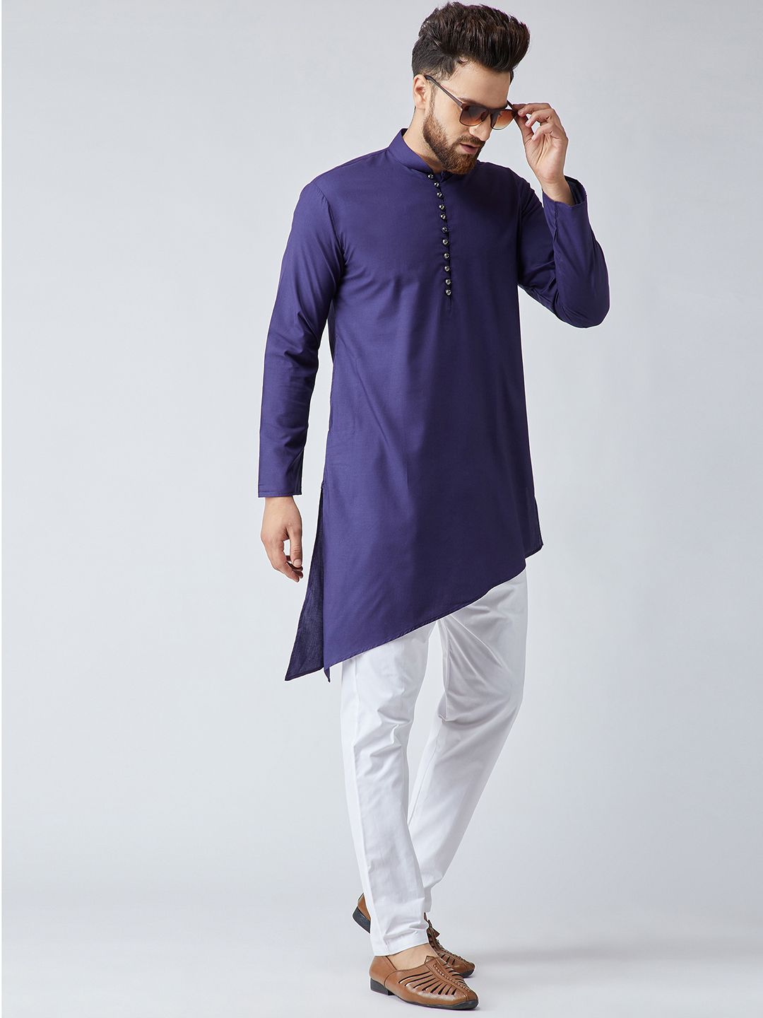 SOJANYA Lelaki Navy Blue Solid Asymmetric Straight Kurta