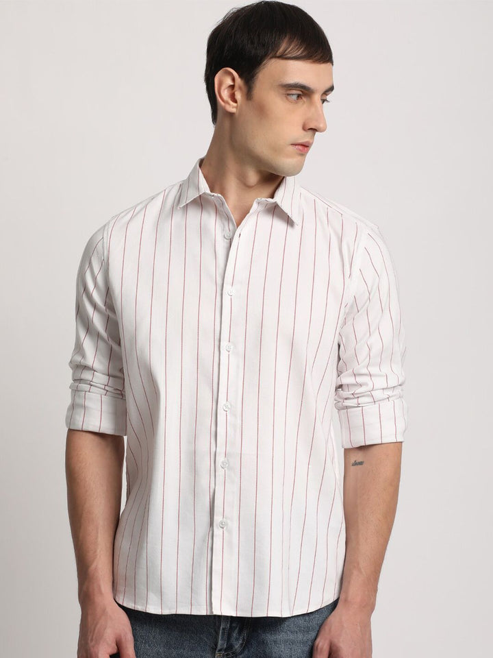 THE BEAR HOUSE Slim Fit Vertical Stripes Twill Spread Collar Casual Shirt