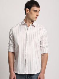 THE BEAR HOUSE Slim Fit Vertical Stripes Twill Spread Collar Casual Shirt