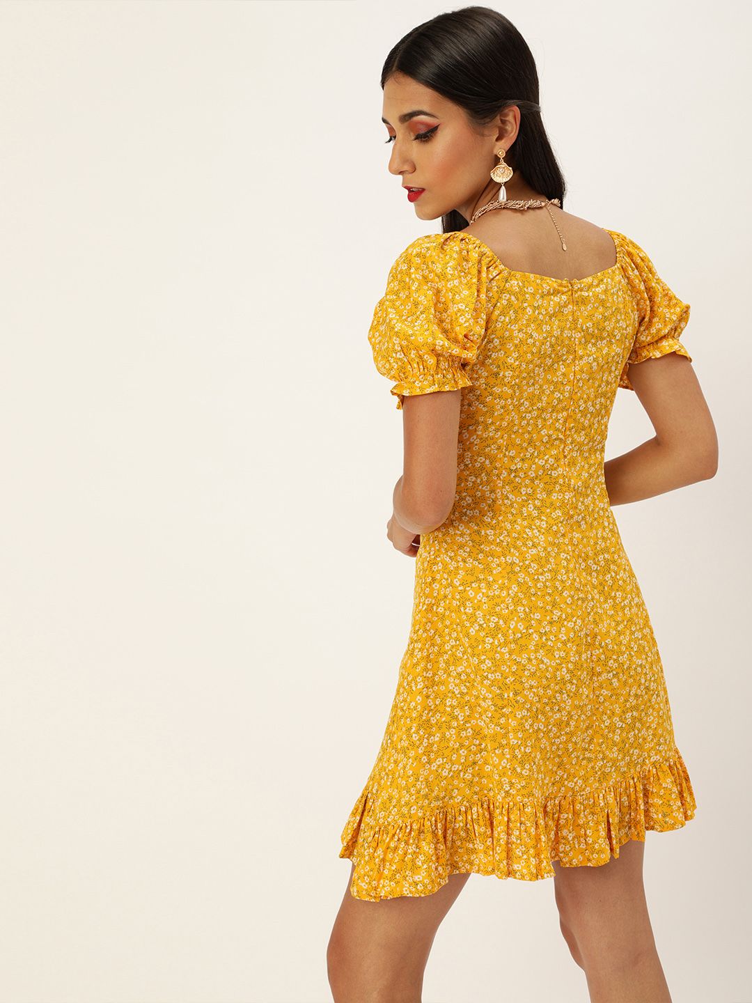 Berrylush Women Yellow & White Floral Printed Ruffled A-Line Dress with Tie-Up Detail