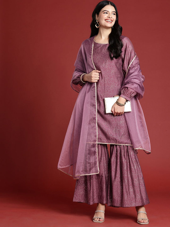 all about you Floral Printed Straight Kurta With Sharara & Dupatta