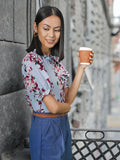 Berrylush Blue Floral Printed High Neck Top