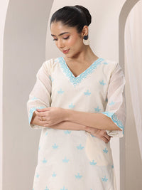 Libas Off White Floral Embroidered V-Neck Thread Work Straight Kurta