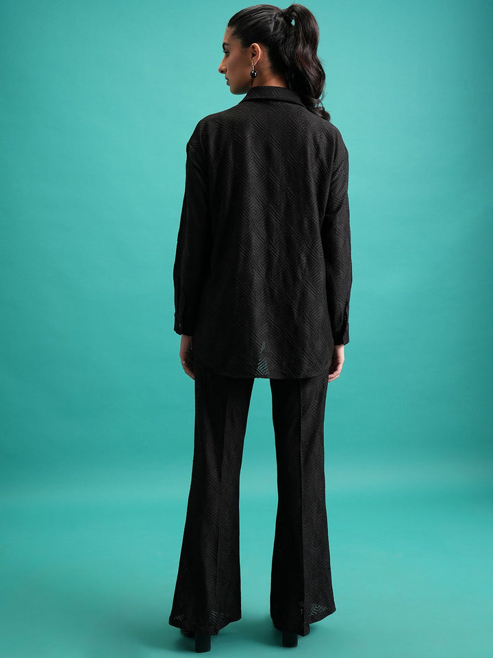 Tokyo Talkies Black Self Design Crochet Shirt With Flared Trouser Co-Ords