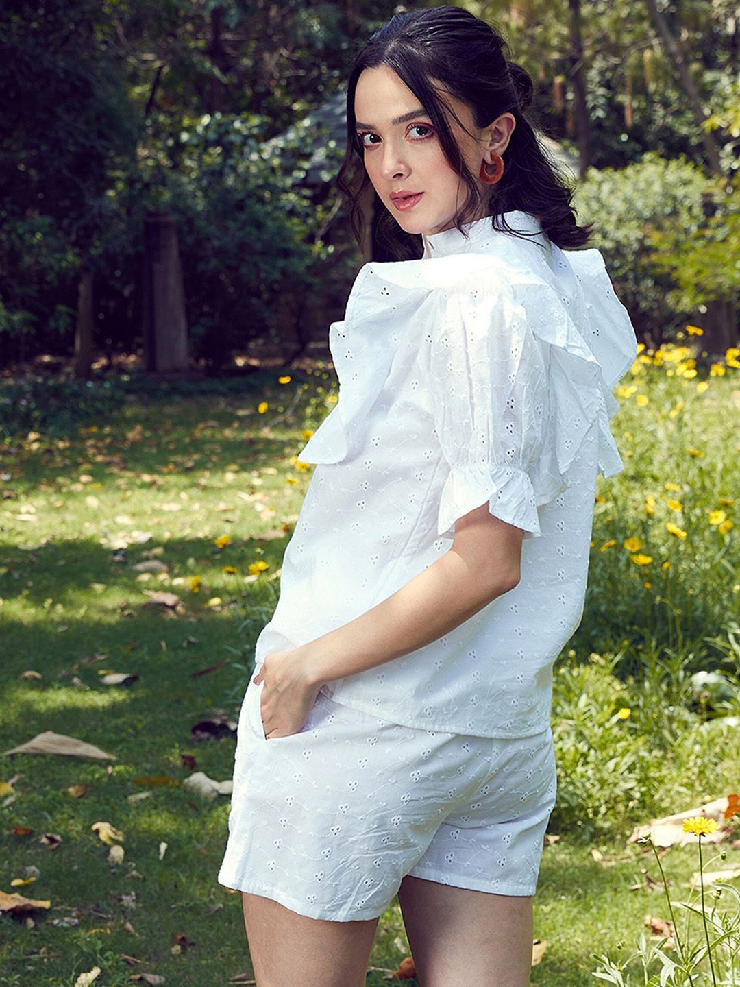 SASSAFRAS White Schiffli Pure Cotton Shirt & Shorts