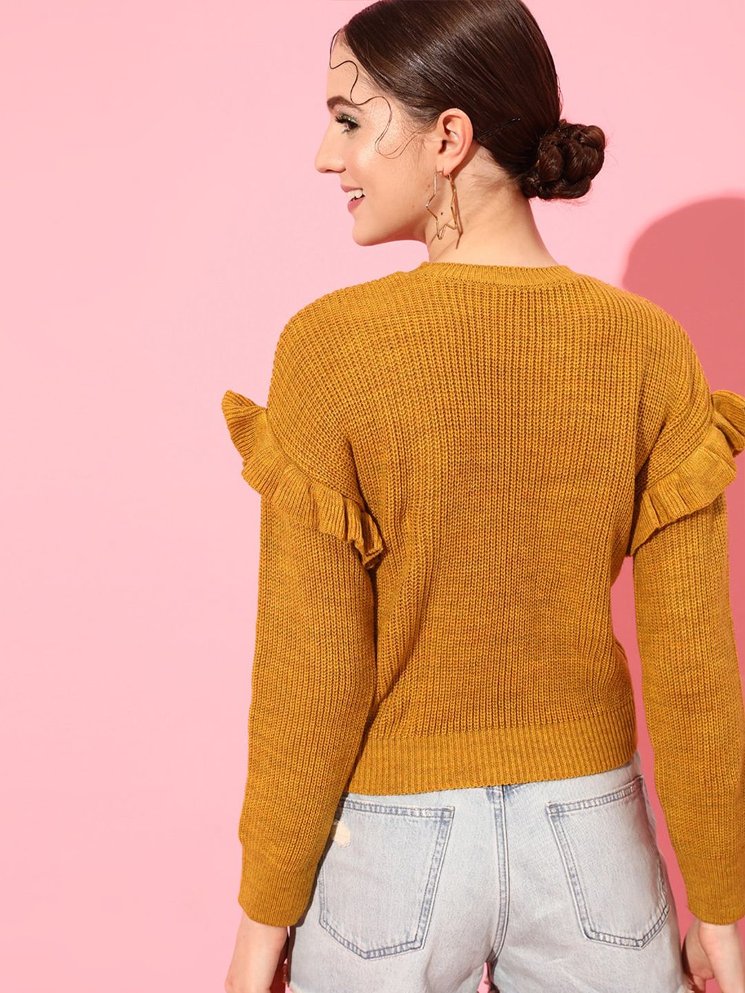 STREET 9 Women Mustard Round Neck Long Sleeves Acrylic Pullover