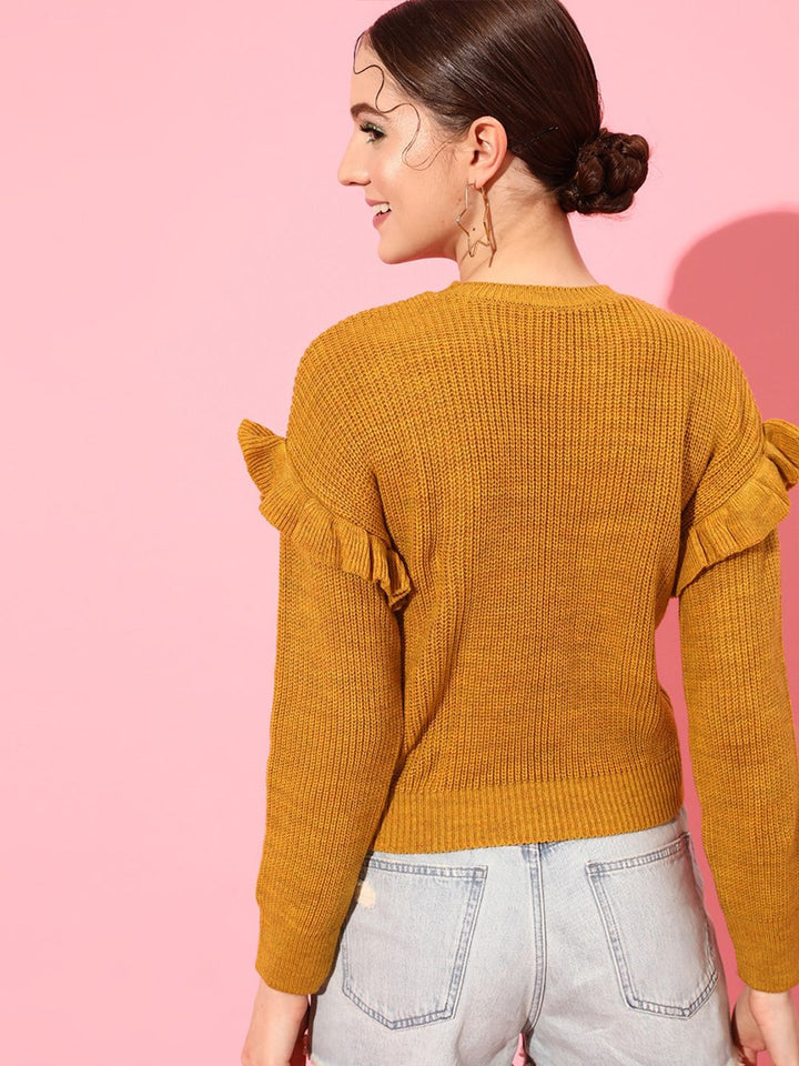 STREET 9 Women Mustard Round Neck Long Sleeves Acrylic Pullover