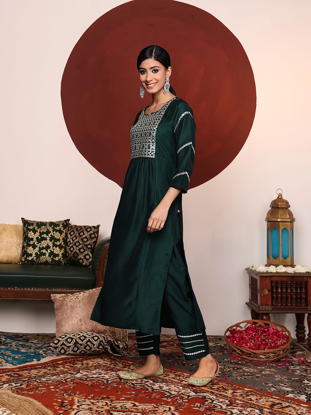 Varanga Women Green Yoke Design Mirror Work Kurta with Trousers &  Dupatta