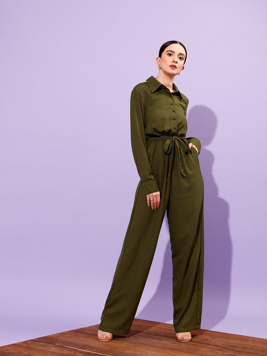 WORK IT by STREET 9 Shirt Collar Long Sleeve Waist Tie-Ups Basic Jumpsuit