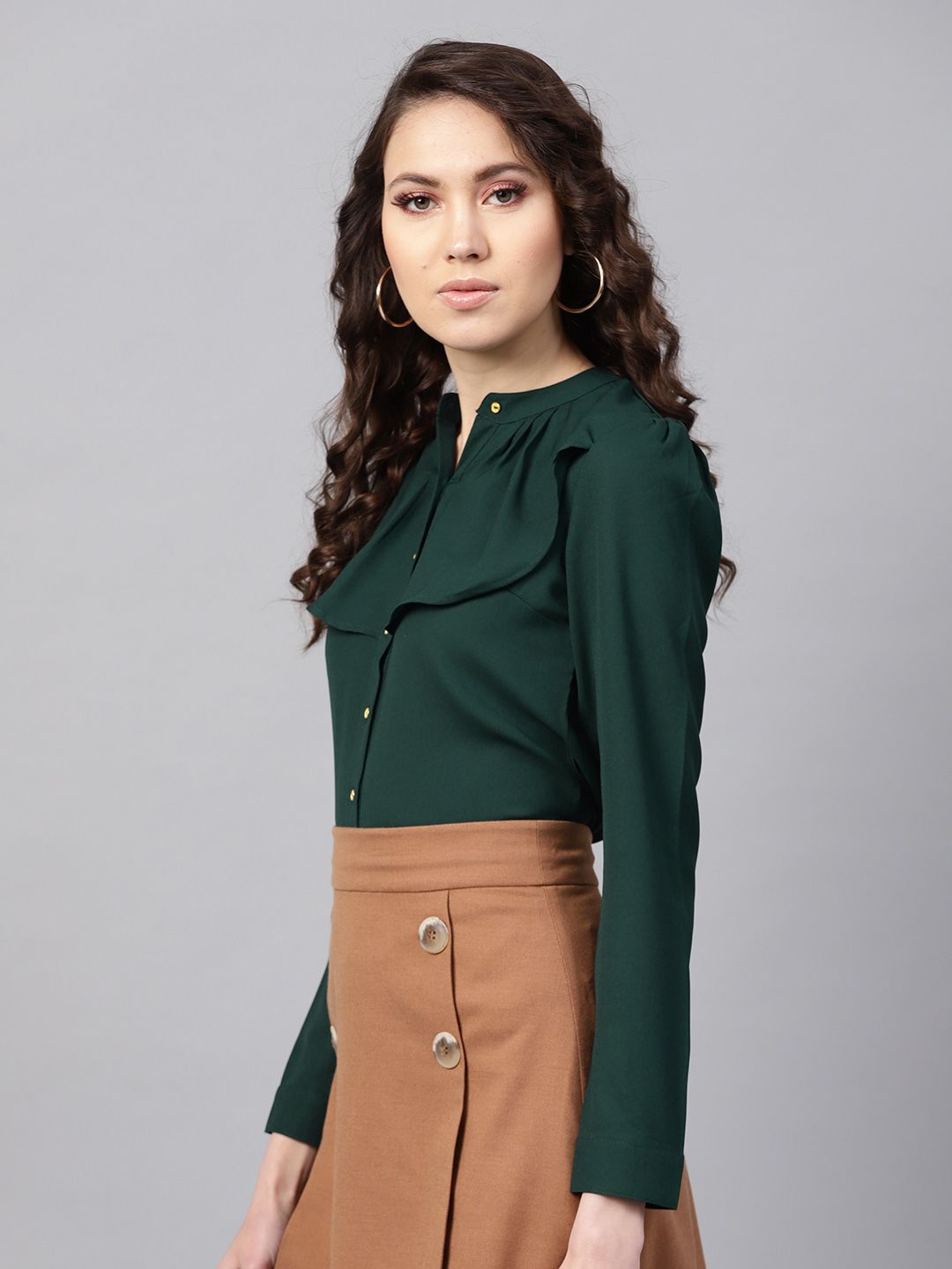 SASSAFRAS Green Ruffled Shirt Style Top